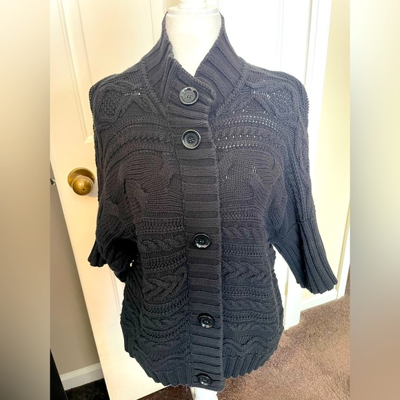Michael Kors Chunky Cable Knit Black Sweater Size XL Short Sleeve Button/Snap - Picture 1 of 10